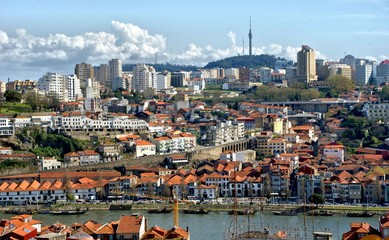 Panoramic view of Douro river and rooftops of Porto, Portugal