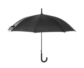 Stylish black umbrella on white background
