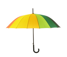 Stylish colorful umbrella on white background