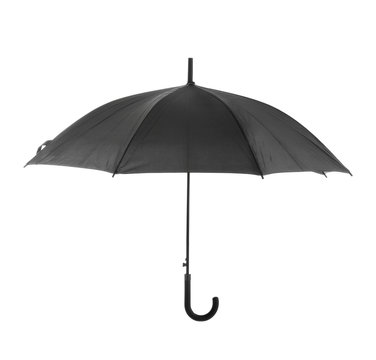 Stylish black umbrella on white background