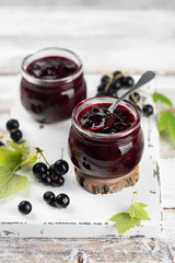 Two jars with black currant jam
