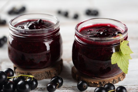 Two jars with black currant jam