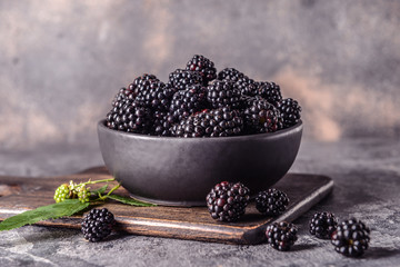 Bowl with tasty blackberries on grunge background