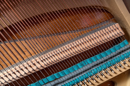 Corde del pianoforte, tavola armonica dello strumento orchestra musicale per pianisti