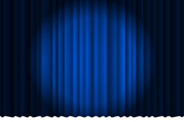 Closed silky luxury blue curtain stage background spotlight beam illuminated. Theatrical drapes. Vector gradient eps illustration - obrazy, fototapety, plakaty