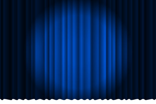 Closed silky luxury blue curtain stage background spotlight beam illuminated. Theatrical drapes. Vector gradient eps illustration