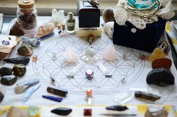 Meditation Grid Kit. Quartz Tower, Natural Citrine, Quartz Points. Variety of colorful crystals on...