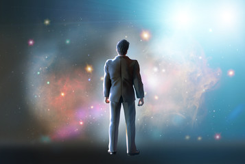 man stands watching with wonder the universe and amazement galaxy fill the night sky 3d render