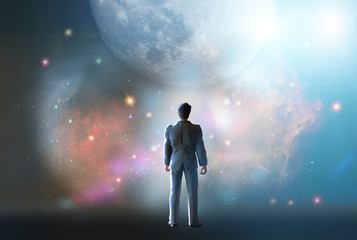man stands watching with wonder the universe and amazement galaxy fill the night sky 3d render