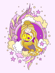 Siren, sitting on a stone, holding big golden fish. Princess mermaid. Vector illustration, poster, postcard, banner, print.