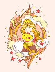 Mermaid, sitting on a rock, holding big golden fish. Doodle composition. Vector colored illustration.