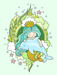 Little mermaid, floating with dolphin. Siren, surrounded by green seaweed, clouds and starfish, fish. Vector illustration, print, poster, postcard.
