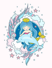 Little kawaii princess mermaid with dolphin. Siren with long blue hair. Under the sea. Vector illustration for print, poster, banner, postcard, card.