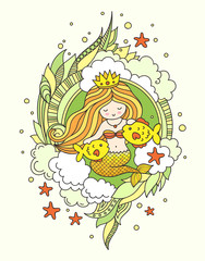 Mermaid with beautiful long golden hair and two little fish. Vector colored illustration for card, postcard, poster, banner, print, invitation.