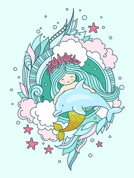 Mermaid in a wreath of starfish, with dolphin. Vector book illustration, t-shirt, print, poster, postcard.