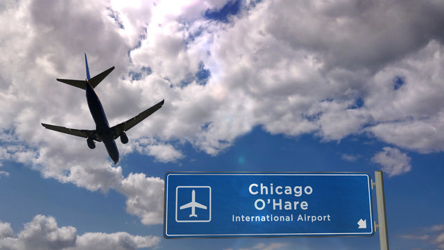 Plane landing in Chicago O'Hare with signboard