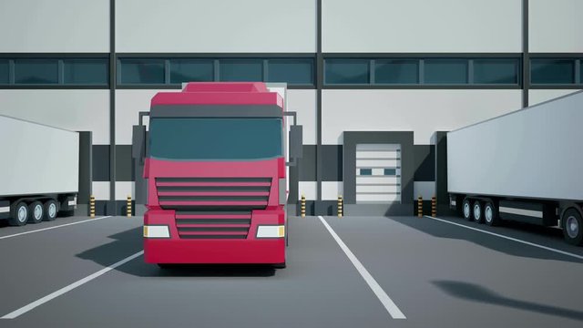 Camera dolly moves near Euro semi trucks during unloading of cargo through docks to warehouse. Low poly graphics 4K 60 fps loopable animation.