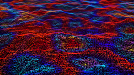 Cybernetic futuristic background. Big data visualization. Technological 3D landscape. Abstract grid illustration. 3D rendering.