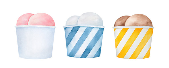 Cute multicolor set of various ice cream sorts in different paper cup containers. Hand painted water color sketchy drawing on white background, cutout clip art elements for creative design decoration.