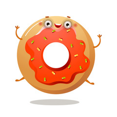 Cute funny sweet donut character is smiling and jumping