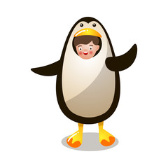 Cute smiling kid in arctic funny penguin costume