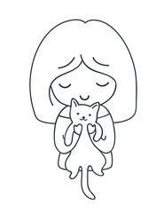 Girl with cat. Cute cartoon character. Vector illustration for coloring book, pin, sticker, patch, badge, print, card, postcard, poster, t-shirt, tattoo.