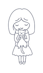 Girl with cat. Cute cartoon character. Vector illustration for coloring book, pin, sticker, patch, badge, print, card, postcard, poster, t-shirt, tattoo.