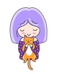 Cute girl with ginger cat. Cartoon character. Vector illustration for coloring book, pin, sticker, patch, badge, print, card, postcard, poster, t-shirt, tattoo.