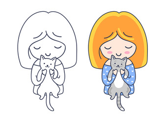 Ginger girl with grey cat. Cute cartoon characters. Vector illustration for coloring book, pin, sticker, patch, badge, print, card, postcard, poster, t-shirt, tattoo.