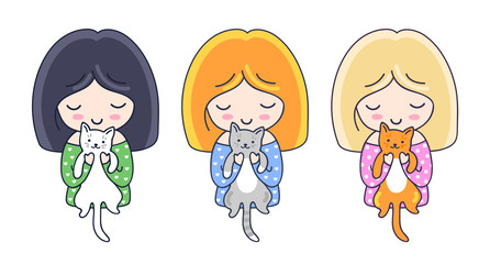 Cute little girls with kittens. Cartoon characters. Vector illustration.