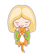 Blonde girl with a ginger kitten in her hands. Cartoon character. Vector illustration.