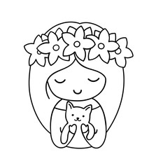 Little girl with cat in her hands. Cute princess in a flower wreath. Vector illustration.