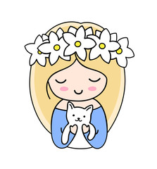 Blonde girl with white cat. Cute cartoon character. Vector illustration for pin, sticker, patch, badge, print.