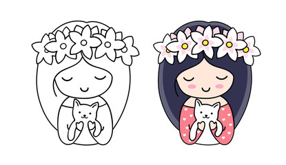 Girl, holding white cat. Cute cartoon character. Vector illustration for coloring book, pin, sticker, patch, badge, print, card, postcard, poster, t-shirt, tattoo.