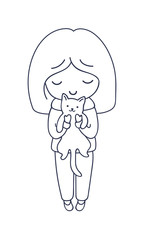 Little girl, holding cat. Cute cartoon character. Vector illustration for coloring book, pin, sticker, patch, badge, print, card, postcard, poster, t-shirt, tattoo.