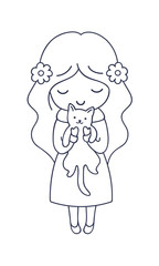 Girl with cat. Cute cartoon character. Vector illustration for coloring book, pin, sticker, patch, badge, print, card, postcard, poster, t-shirt, tattoo.