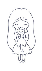 Girl with cat. Cute cartoon character. Vector illustration for coloring book, pin, sticker, patch, badge, print, card, postcard, poster, t-shirt, tattoo.