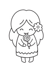Girl with lollipop. Cute little cartoon character. Vector illustration for sticker, patch, pin, badge, coloring book, print, card, postcard, poster, t-shirt, tattoo.
