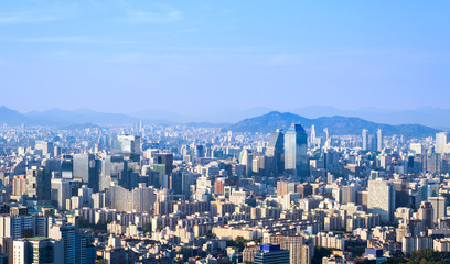 Seoul city skyline and skyscraper in downtown seoul, South Korea.