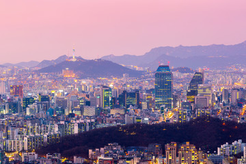 Seoul tower and Skyscrapers, Beautiful city of lights at night, Seoul, South Korea.