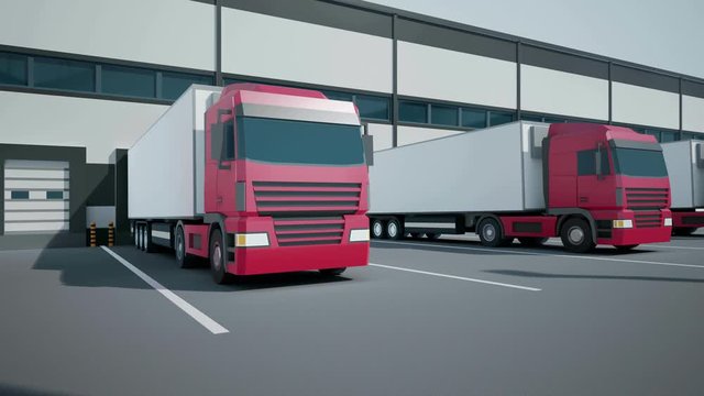 Camera slides near Euro semi trucks during unloading of cargo through docks to warehouse. 4K 60 fps loopable animation.