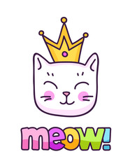 Kawaii white kitten in a golden crown. Cute cartoon character. Meow inscription. Vector illustration.