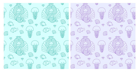 Cute little princess mermaid. Seamless pattern. Print for textile, fabric, posters, decor, greeting cards, paper, clothes, wallpaper. Vector design for kids, children, babies.