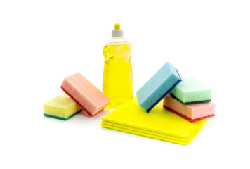 Kitchen scouring and washing-up liquid on a white background