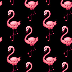 Fototapeta premium Seamless pattern of pink flamingos on a black background. Exotic print for textile, fabric, posters, postcard, decor, paper, wallpaper. Vector illustration.