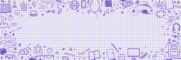 Abstract pattern with school supplies. Graphic paper background. Checkered texture. Back to school. Set of different signs. Hand drawn elements. Illustration for banners, flyers or posters