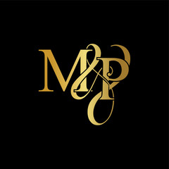 Initial letter M & P MP luxury art vector mark logo, gold color on black background.
