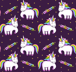 Cartoon rainbow unicorns. Seamless dark pattern for children, babies, kids. Vector illustration.