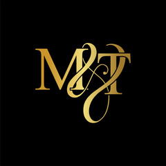 Initial letter M & T MT luxury art vector mark logo, gold color on black background.