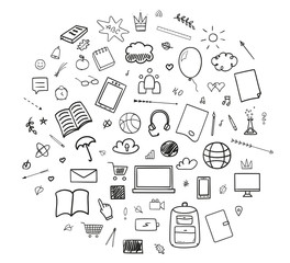 Back to school. Set of different signs. Hand drawn elements. Welcome back to school design. Abstract banner design. Black and white illustration